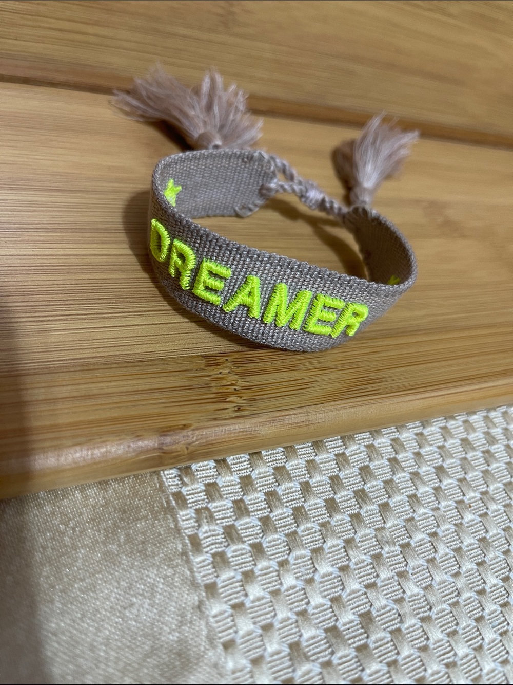 Dreamer Embroidered Taupe Friendship Bracelet with Neon Yellow Stitching